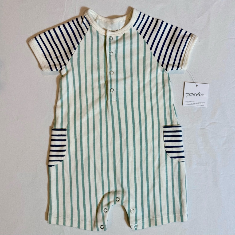 New Pehr Stripes Away Shorts Romper Boys 3-6M Pebble Sea Organic Cotton Summer
